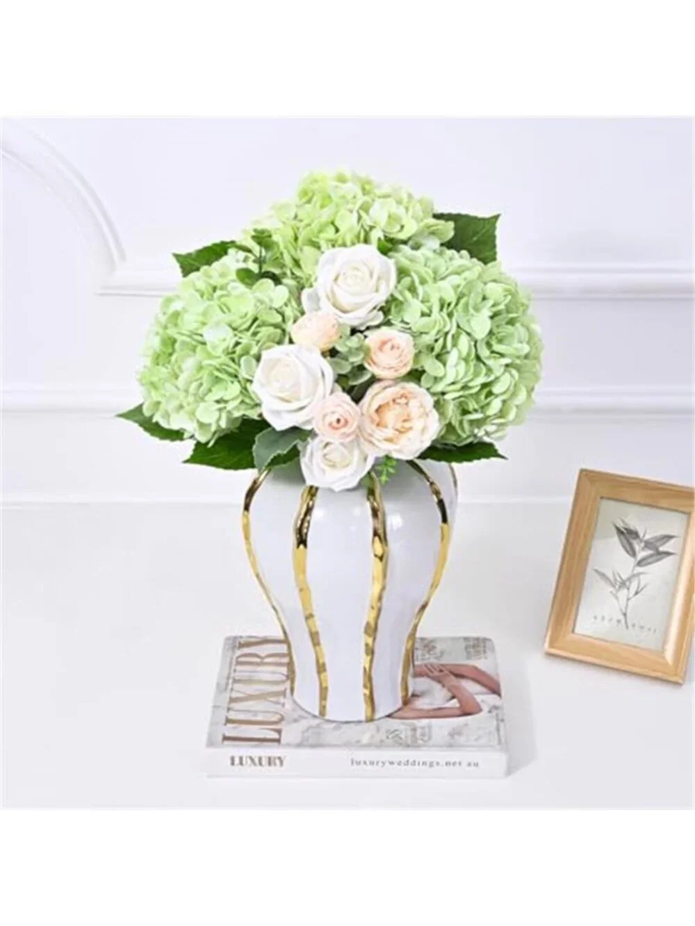 4Pcs Real Touch Artificial Hydrangea Flowers Light Green Faux Silk Wedding Decor